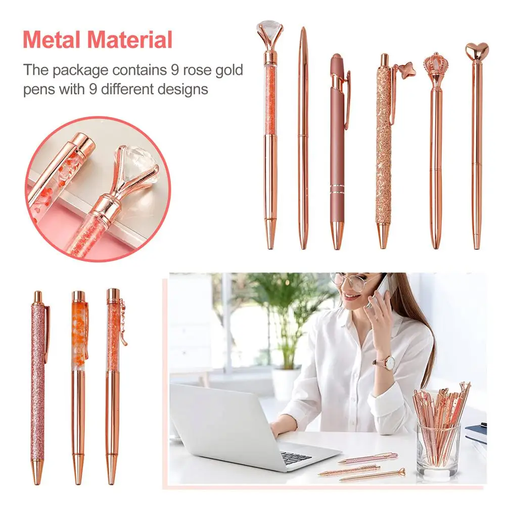 Rose Gold Metal Ballpoint Pen Set para Mulheres, Crystal Diamond Pen, Tinta Preta, Office Glitter Pen, Casamento Sup, Y6W5, 9Pcs