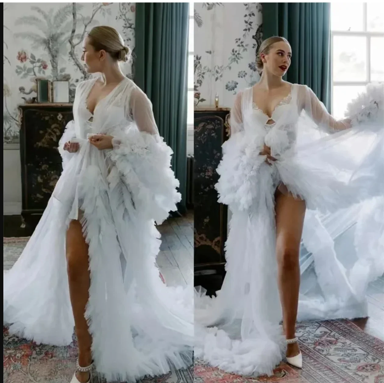 white Maternity Gown for Baby Shower Dressing Gown Perspective Sheer Skirt Long Tulle Bridal Robe Puffy Sleepwear for Women Nigh