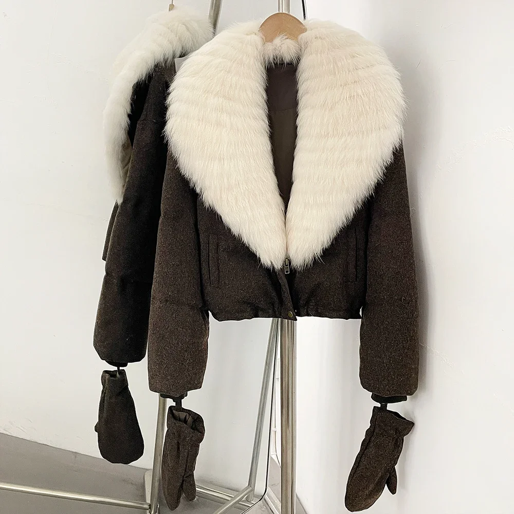 OFTBUY Kleidung mit echtem Pelzbesatz, neuer Daunenmantel mit abnehmbaren Handschuhen, kurze Damen-Woll-Daunenjacke mit echtem Fuchspelzkragen – Detail 12