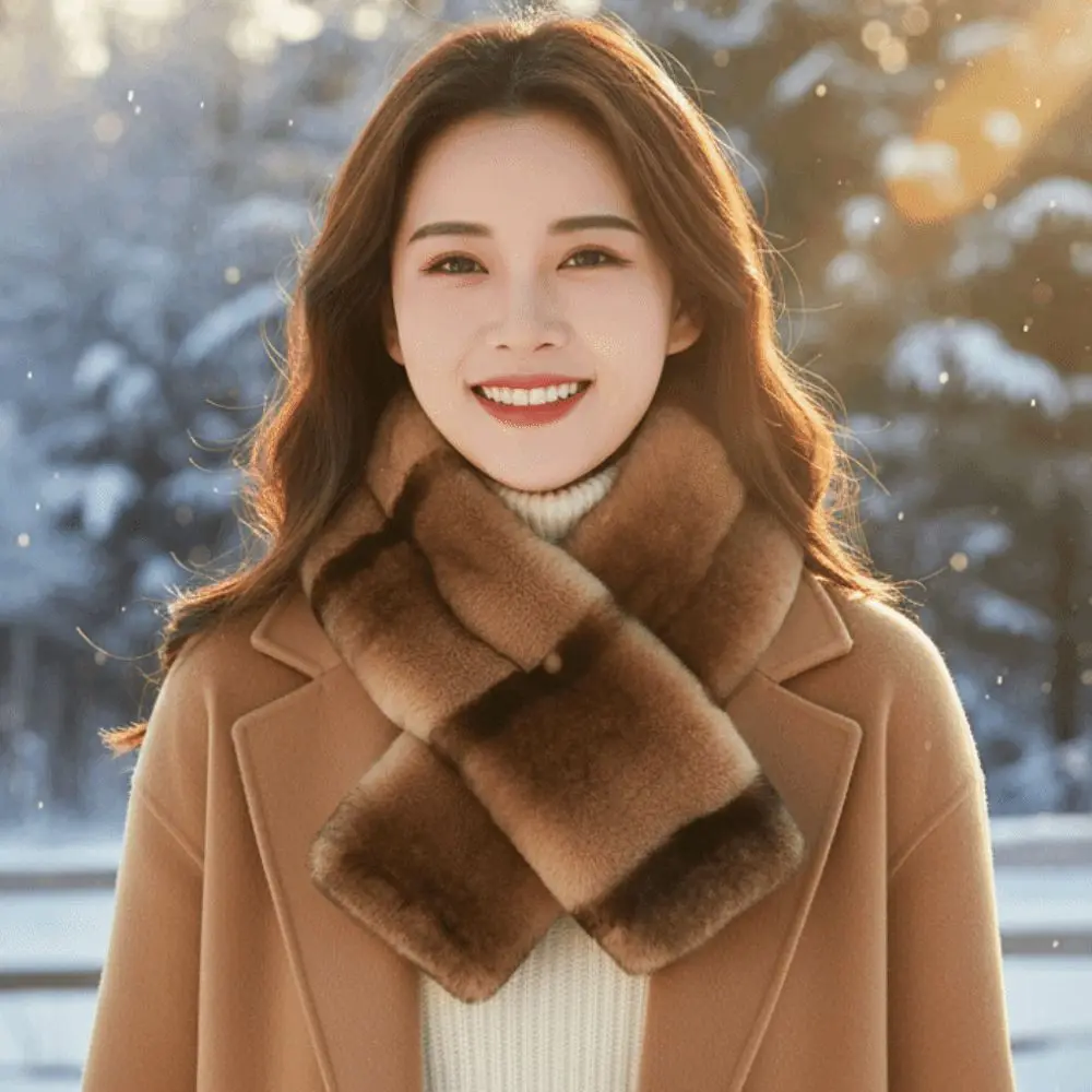Double Sided Stole Thick Plush Cross Scarf Soft Windproof Faux Fur Collar Washable Thermal Fluffy Muffler Office Workers