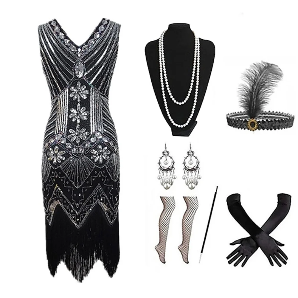 Vestido de Flapper para mujer, traje Retro Vintage rugiente de los años 20 y 1920, trajes del gran Gatsby, lentejuelas, flecos y borlas