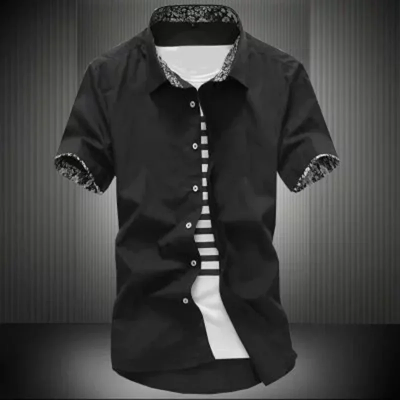 Men\'s Summer 2024 Solid Color Business Professional Dress Shirt Floral Cuffs Basic Short Sleeves Black And White Optional