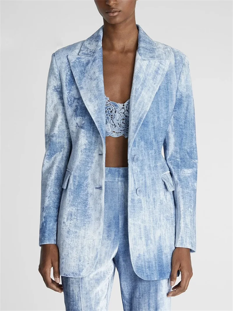 

Blue Tie-Dye Women Suits Pants Set 2 Pcs Blazer Trousers Cotton Formal Office Lady Wedding Guest Birthday Evening Coat Outfit