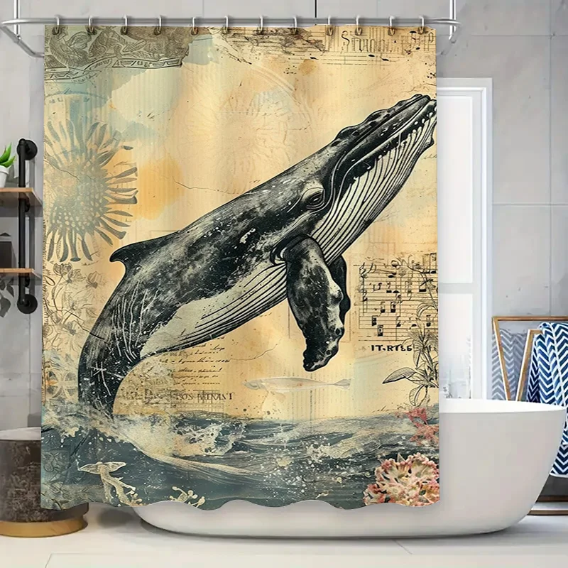 

Retro Whale Bath CurtainVintage Style Waterproof Shower Decor for Home Bathroom Golden Flower Design Extra Large Size 72x84 inch