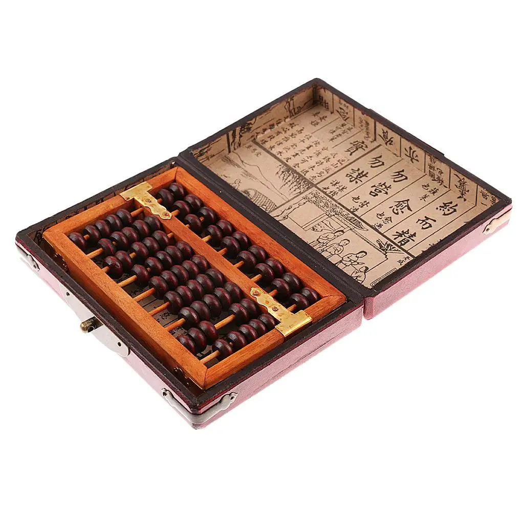 9 Rows Vintage Chinese Wooden Bead Arithmetic Abacus with Box Calculator