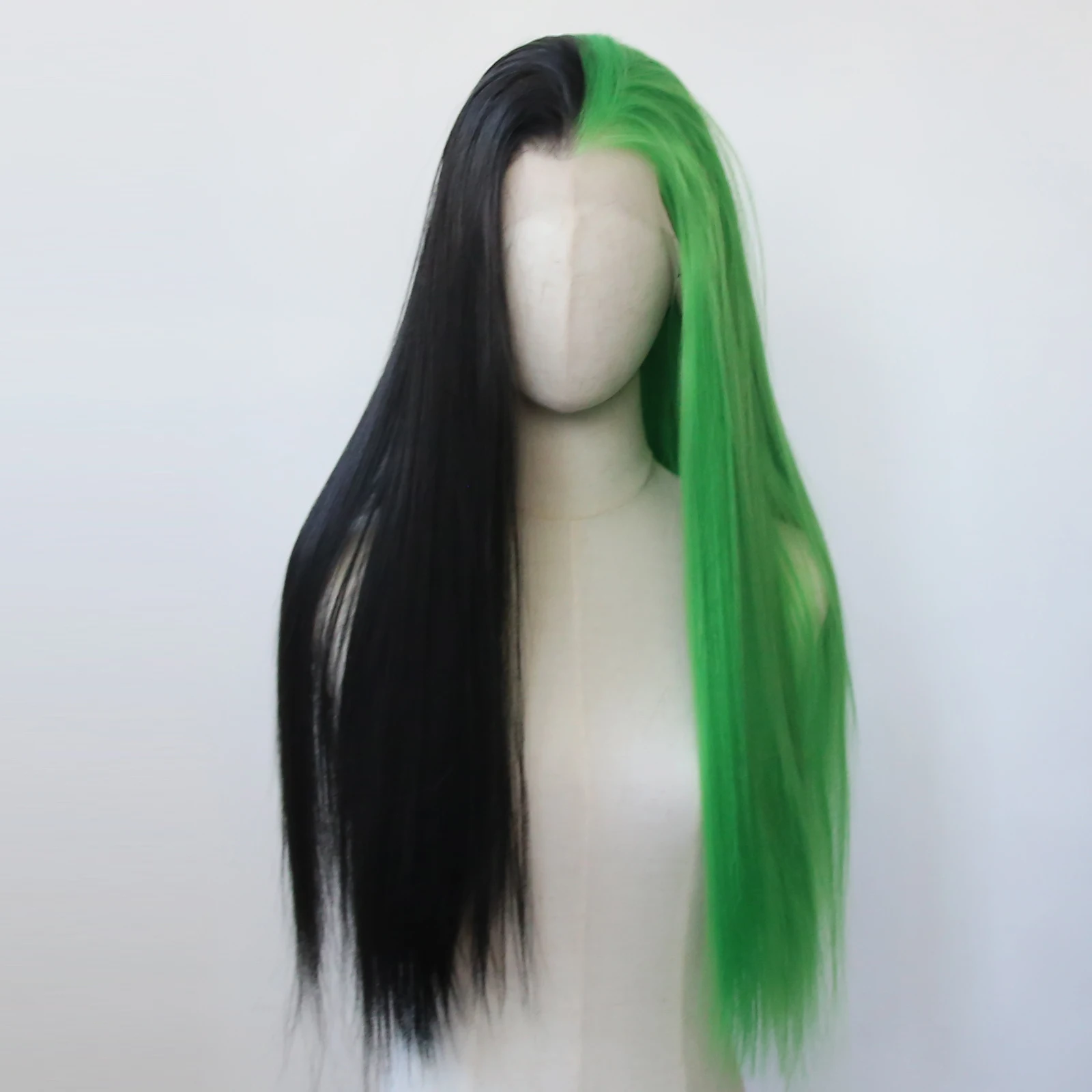 Half Black and Half Lime Green Synthetic Lace Front Wig Long Straight Synthetic Wig Pre Plucked Heat Resistant Hair Wig