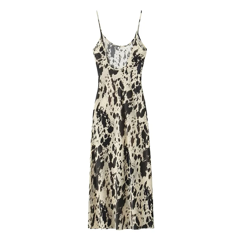 YENKYE abito Vintage con spalline sottili in raso con stampa animalier per donna O collo abiti Sexy senza schienale abiti da festa