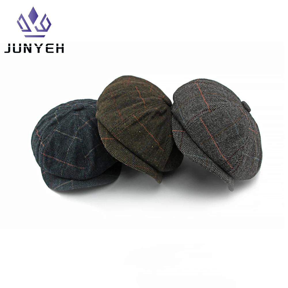 Autumn Winter Thick Warm Wool Herringbone Newsboy Cap Men Cabbie Beret Hats Octagonal Hat Detective Hats Retro Driver Flat Caps