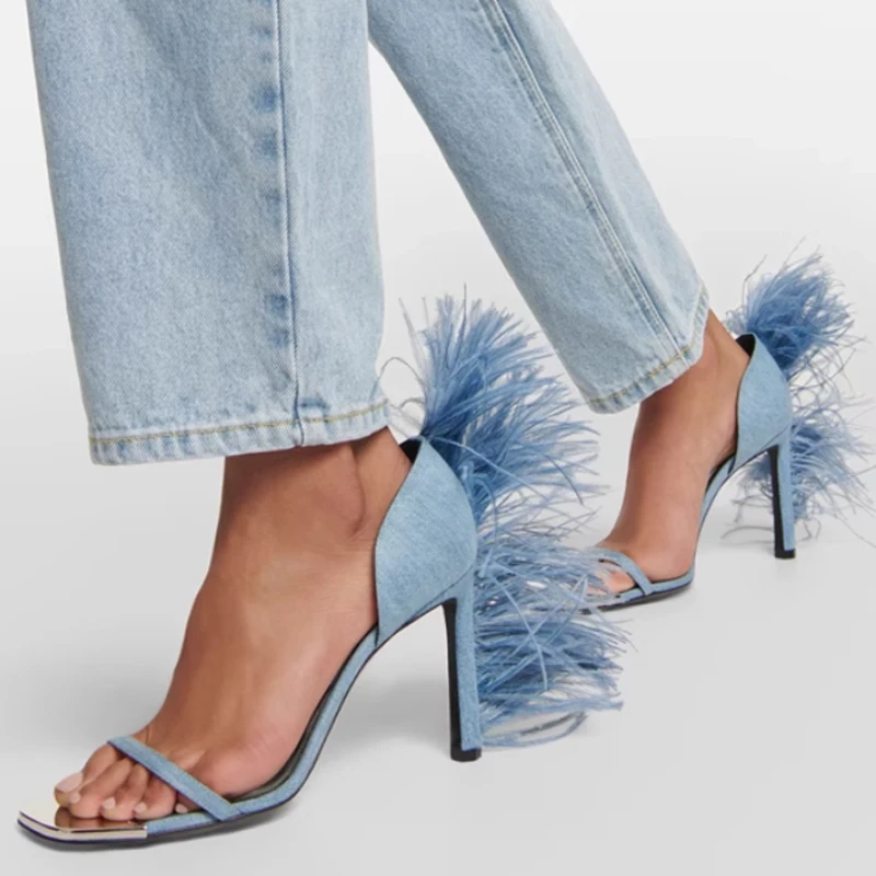 

Blue Feather Square Toe Stiletto Heels Sandals Woman Summer 2026 Open Toe Slip-On High Heel Fashion Party Dressy Strappy Shoes