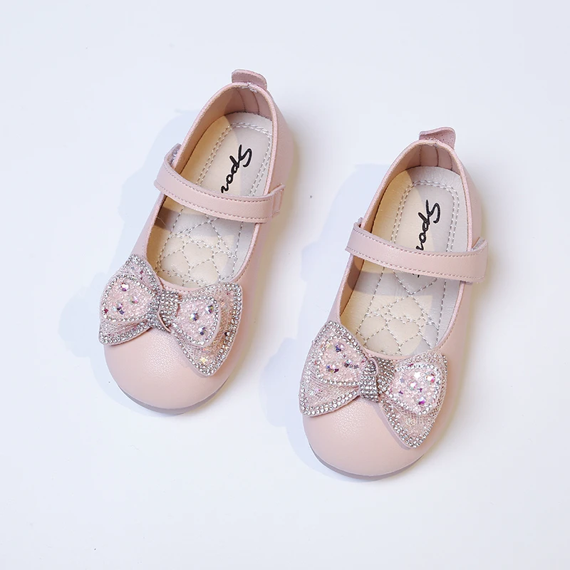 Girls Casual Shoes Princess Baby Sequin Bow Flat Shoes Fashion Children's Performance Leather Shoes 2023 Spring Summer New