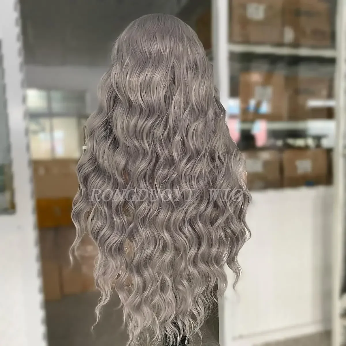 Silver Grey Long Wavy Lace Front Synthetic Wig Glueless Heat Resistant Fiber Hair for Women Cosplay Party and Daily Use