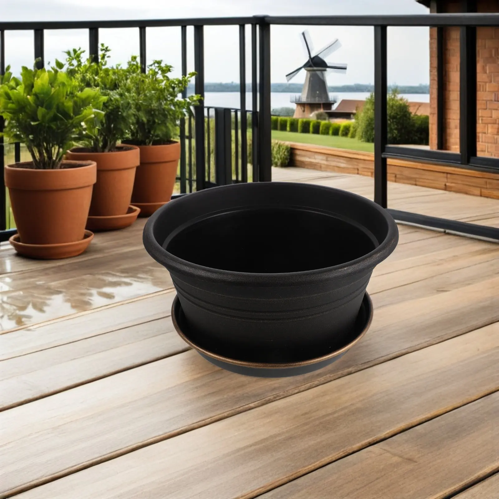 Resin Round Plant Pot 33Cm Decorative Modern Indoor Outdoor Planter Flower Pot Drainage Hole Saucer Garden Planters