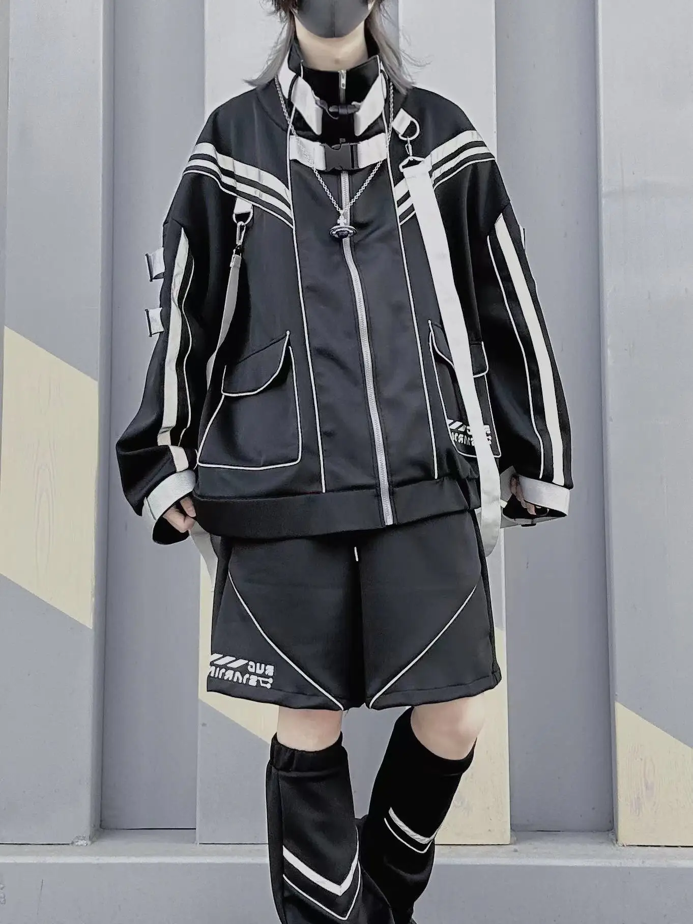 Subculture Y2k Sportswear Autumn New Japanese Harajuku Aesthetic Loose Cardigan Jacket Shorts Leg Cover Headband 4 Piece Set