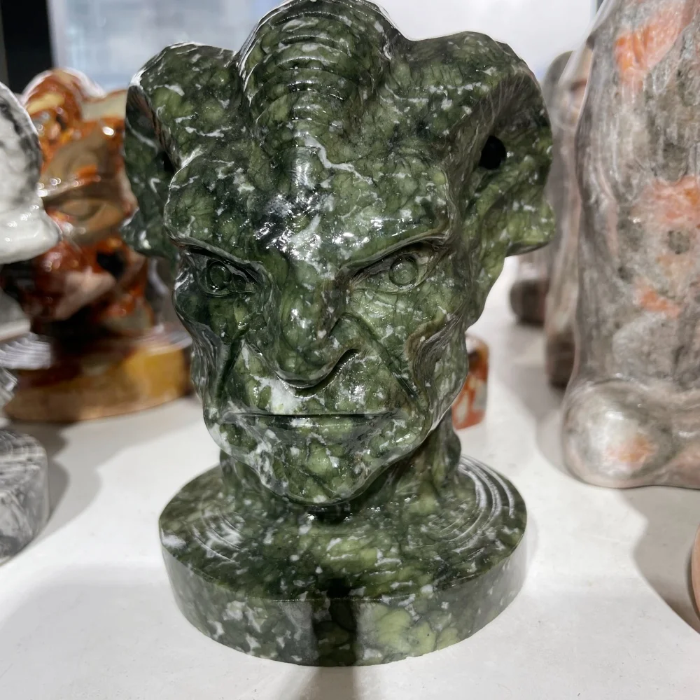 13cm Natural Ophiolite Green Stone Baphomet Statue Ram Demon Head Crystal Bust Dark Style Home Decoration Crystal Craft Gift