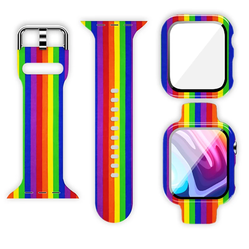 Glass+Case+Strap for Apple Watch Band 44mm 40-41-45-42-38mm sport printed Silicone pride wristband iwatch series 9 8 7 6 5 4 SE