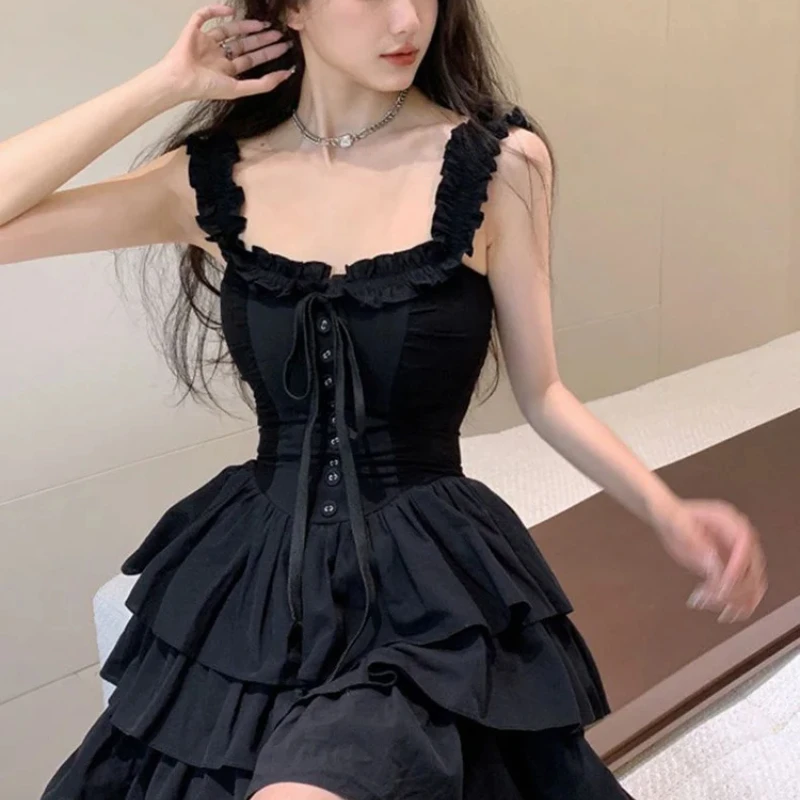 

2025 Sexy Slip Lolita Style Black Dress Women Vintage Sleeveless Y2K Mini Dress Summer Slim Sweet Korean Lace Up Cake Dress New