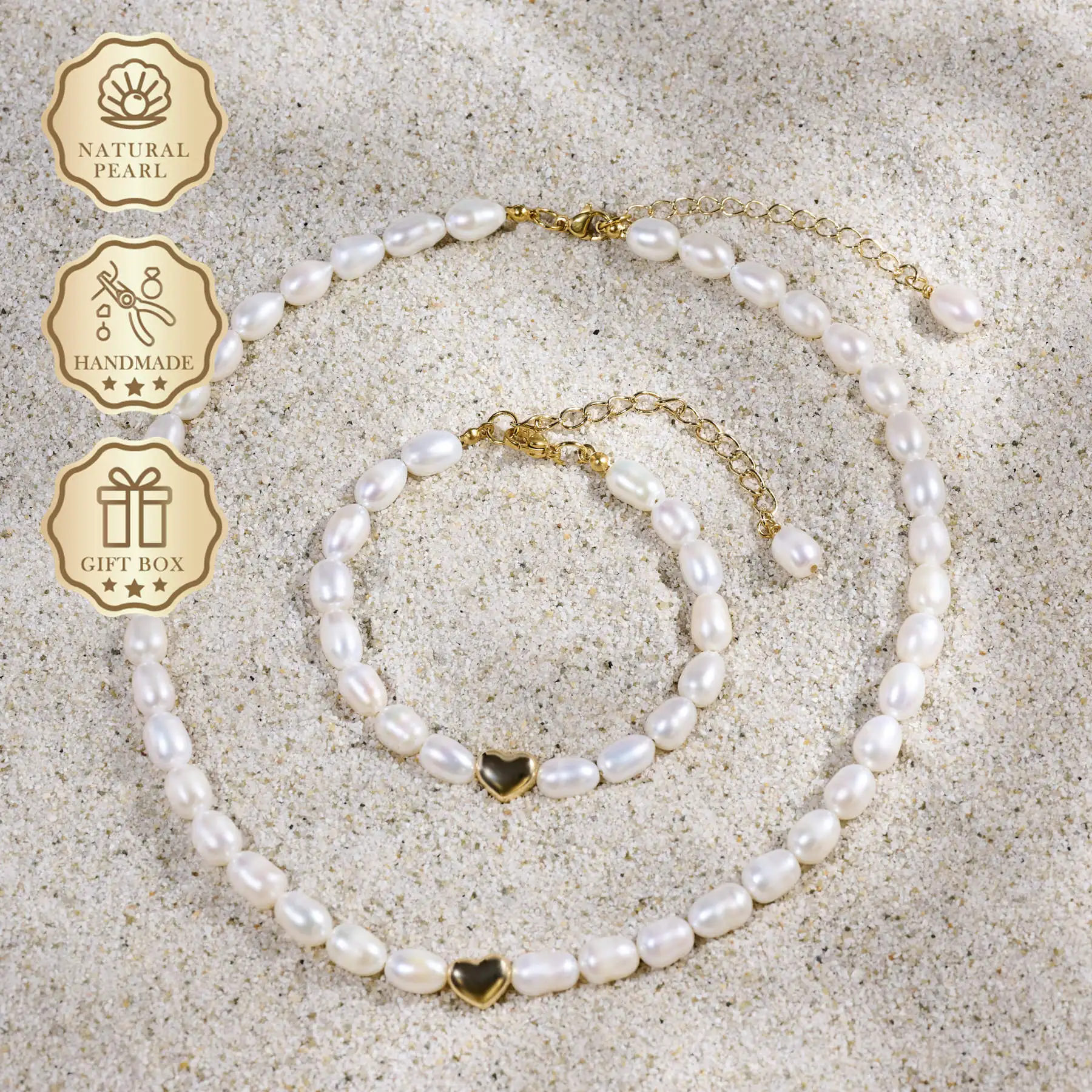 

MYSOYA Natural White Rice Freshwater Pearl Bracelet & Necklace Set, 6–7mm Pearls with Heart Clasp, Gift Box, Birthday Gift