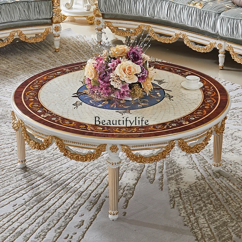 French luxury round coffee table parquet solid wood countertop with turntable, not high-end atmospheric tea table
