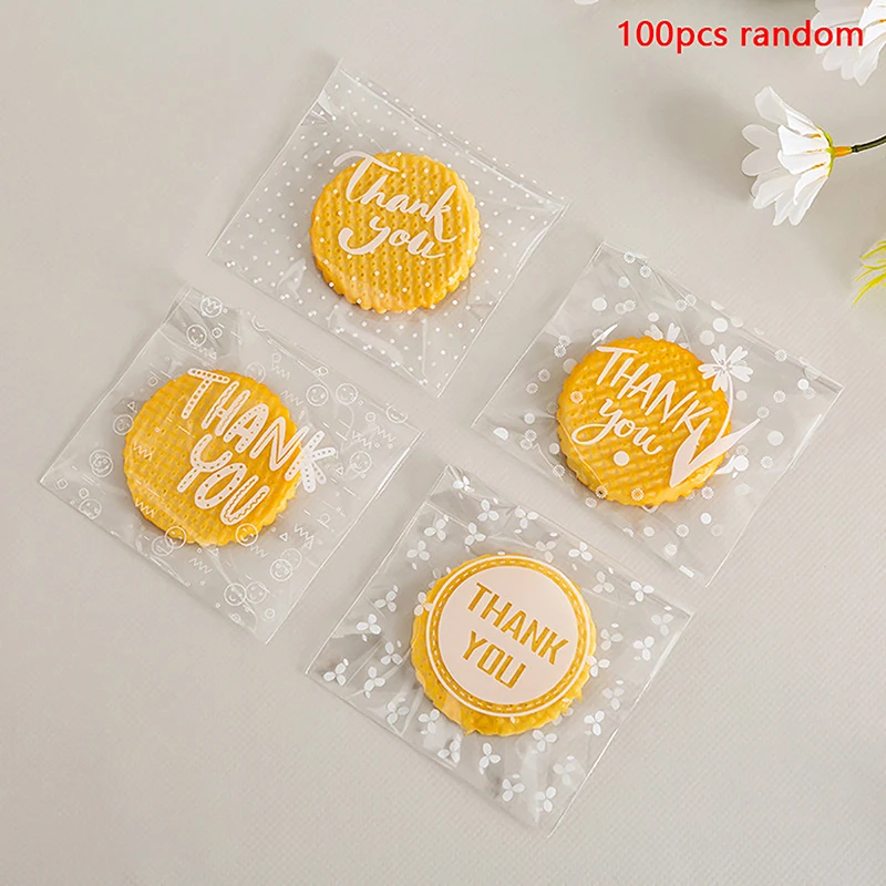 

100Pcs Mixed Styles Plastic Transparent Thank You Flower Packing Bags DIY Candy Cookie Bag Self Adhesive Pouches