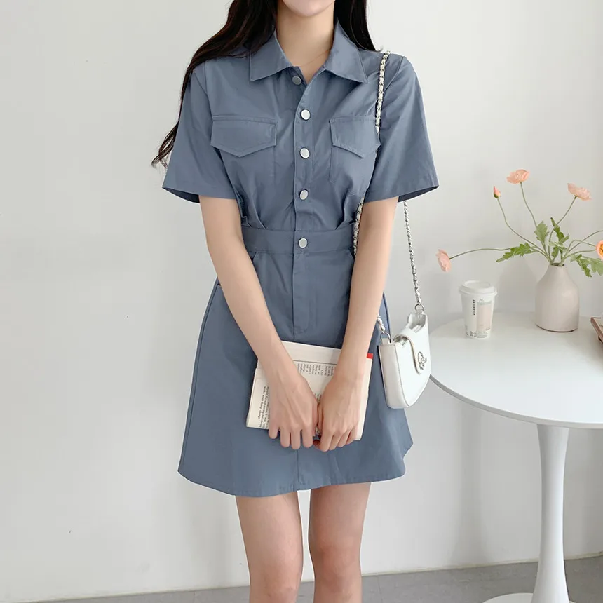 FINEWORDS Short Sleeve Korean T Shirt Dress Women Sumemr Casual Lapel A Line Dress Easymatch Streetwear Daily Short Dresses