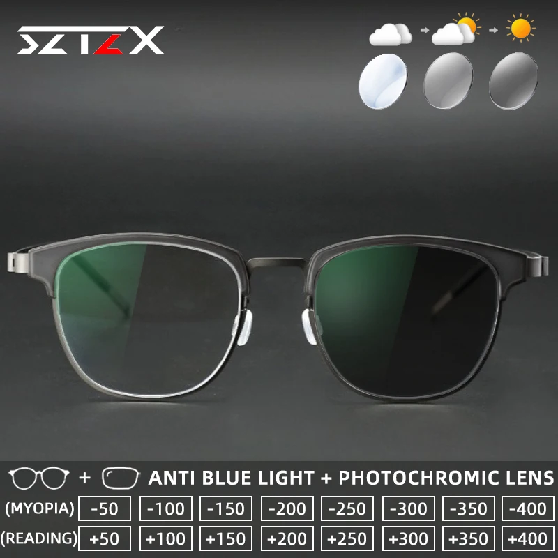 

SZTZX Fashion Screwless Titanium Photochromic Reading Glasses Anti Blue Light Myopia Glasses Progressive Prescription Eyewear