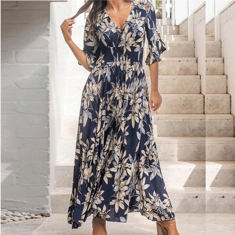 2024 Summer New Women's Hepburn V-Neck Printed Waist Wrap Dress 661