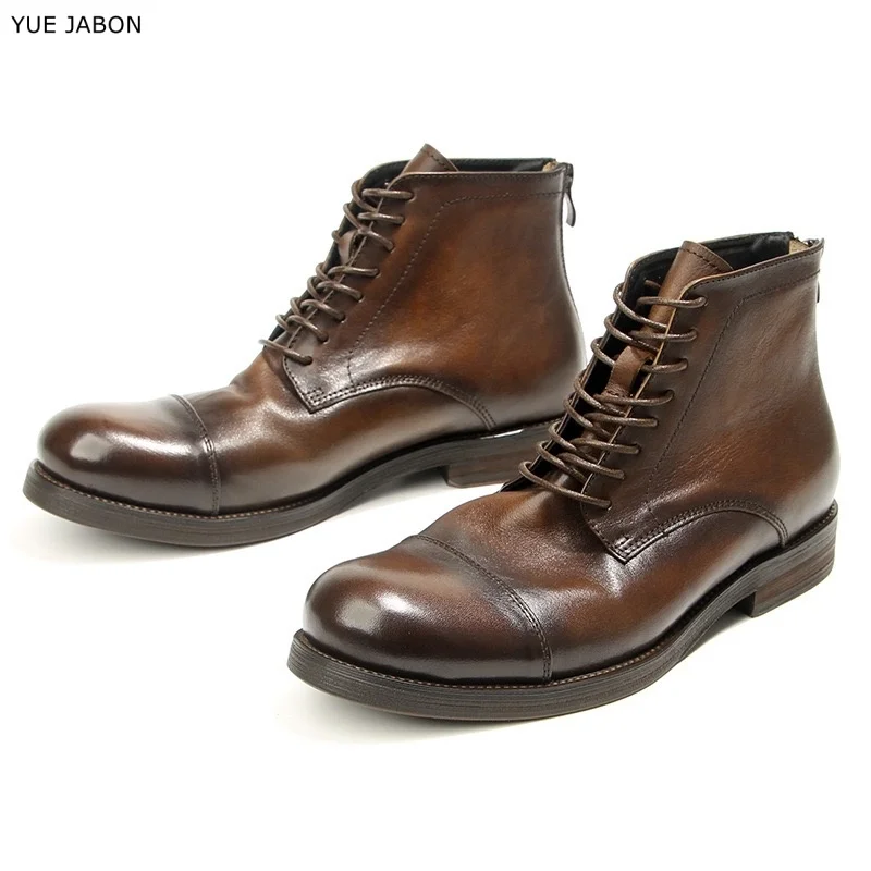 Brown New Fashion Round Toe Lace-up Men Autumn Winter Ankle Boots Male Leisure Real Leather Shoes Slip-proof Men Black Footwears