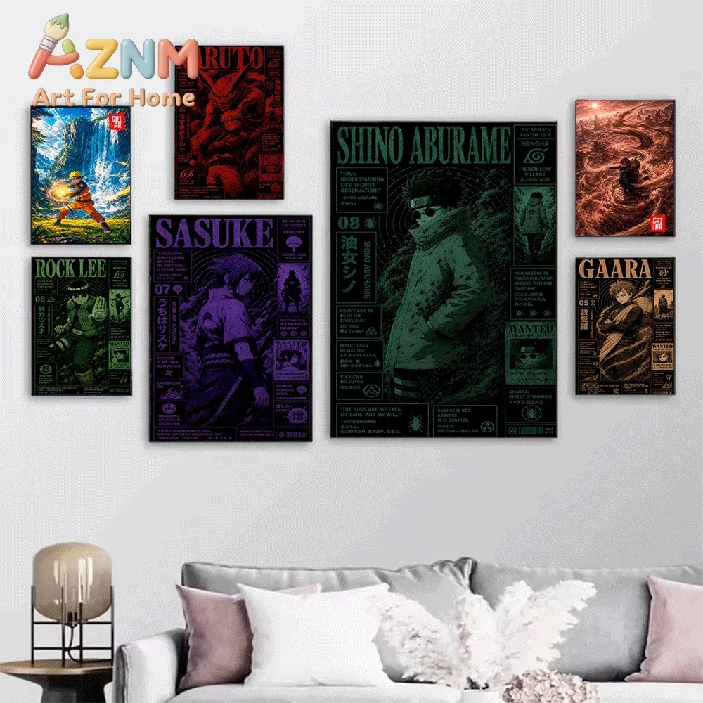 Naruto Dynamic Combat Anime Canvas Wall Art, Retro Poster Style Character Illustration Print, Unframed Canvas Painting for Bed
