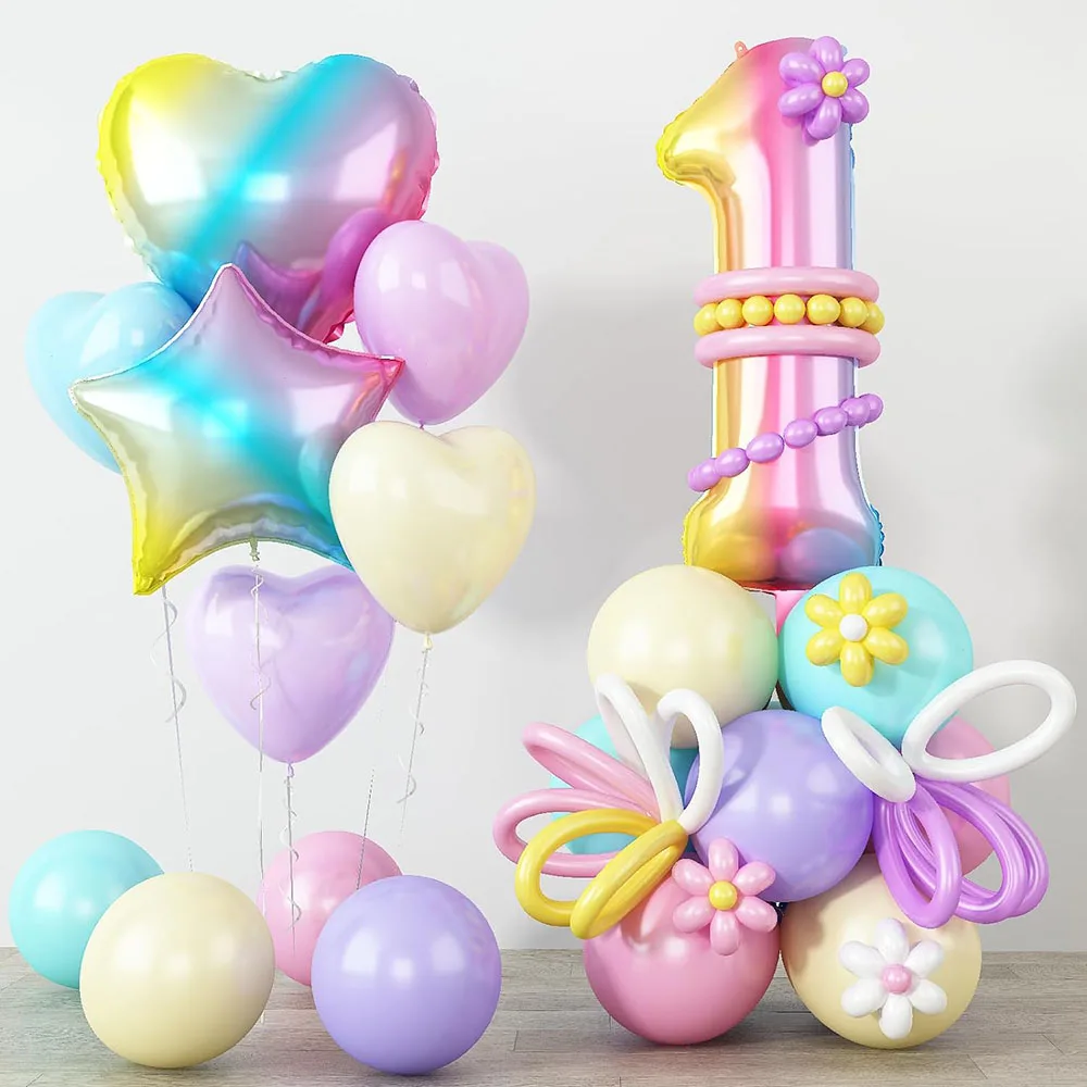 Zestaw balonów, 40-calowy balon gradientowy z tęczą w kształcie serca i gwiazdami Balon z folii aluminiowej Balon pastelowy DIY Stojak na balony Odpowiedni na 1-9 urodziny Dekoracja imprezy z jednorożcem