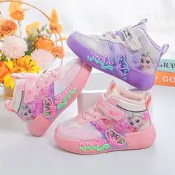 Scarpe Casual per bambini Disney scarpe sportive per ragazze primaverili in pelle impermeabile Frozen Elsa Princess Pink Purple Shoes taglia 25-36