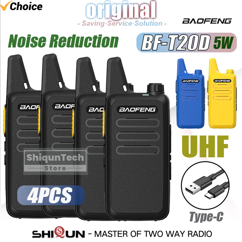 4PCS Baofeng BF-T20D Walkie Talkie 5W Noise Reduction Type-C VOX 1500mAh Long Range UHF Updated BF-T20 KD-C1 Mini Two Way Radio