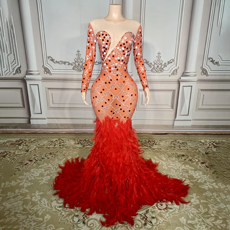 

Red Diamond Feather Mesh Bar Show Sequins Feather Crystal Host Long Dress Evening Show Robes De Soirée Haute Qualité Party Dress