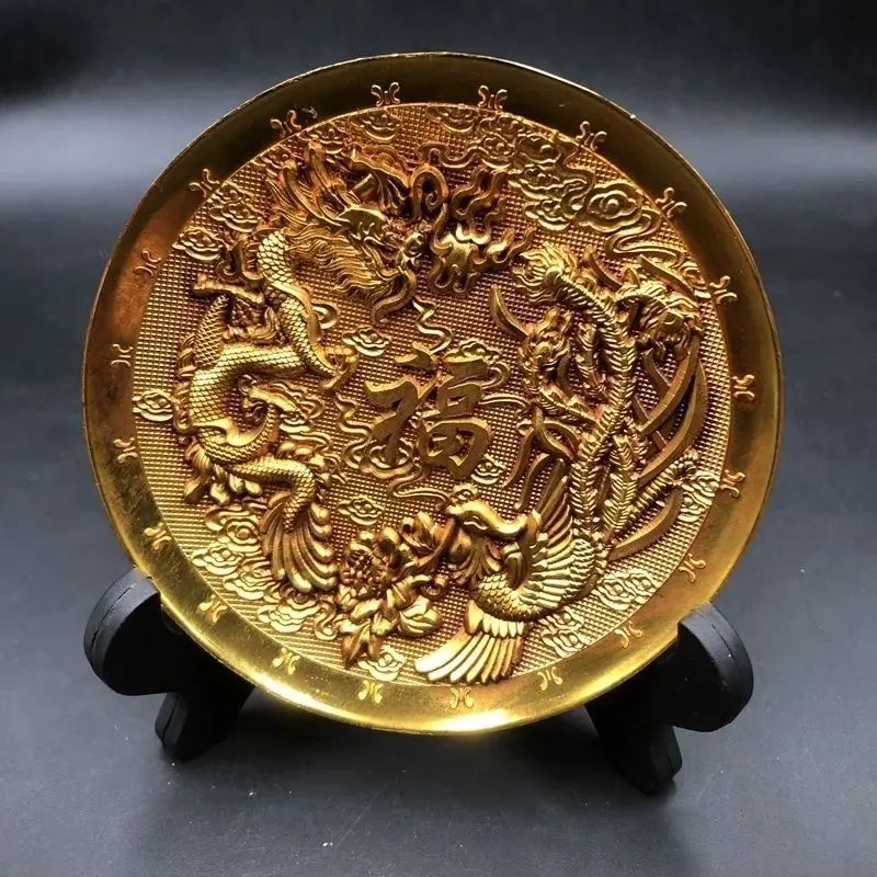 Creative Chinese Round Dragon/Phoenix-Pattern Decorative Plate 3Size Home Desktop Crafts Decorational Ornament with Base LI772