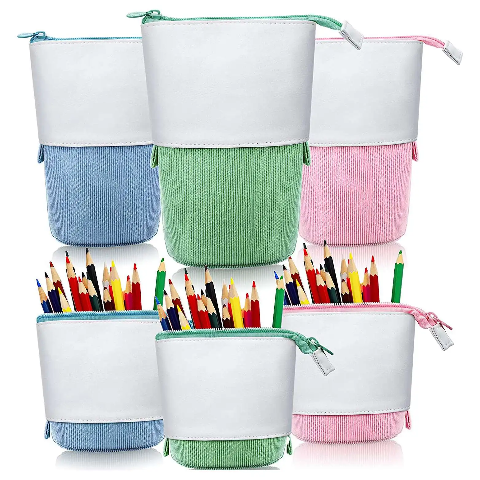 3 Pieces Telescopic Pencil Case Standing Stationery Pencil Holder Canvas Dual-Use -Up Stand Pencil Bags with Zipper B