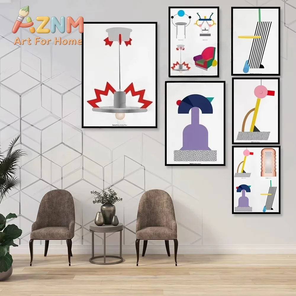 AZNM Memphis Style Canvas Wall Art, Colorful Geometric Furniture Abstract Shape Print, Modern Room Wall Decor Poster