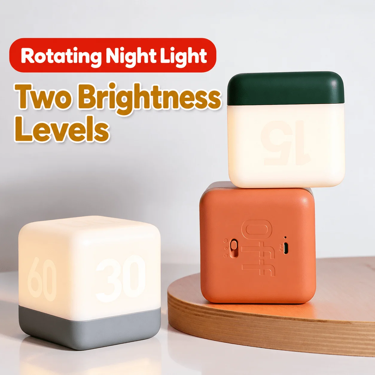 Persun Modern Minimalist Flip Timer Night Light, USB Rechargeable LED Cube Table Lamp, Bedside Sleep Ambient Light for Bedroom