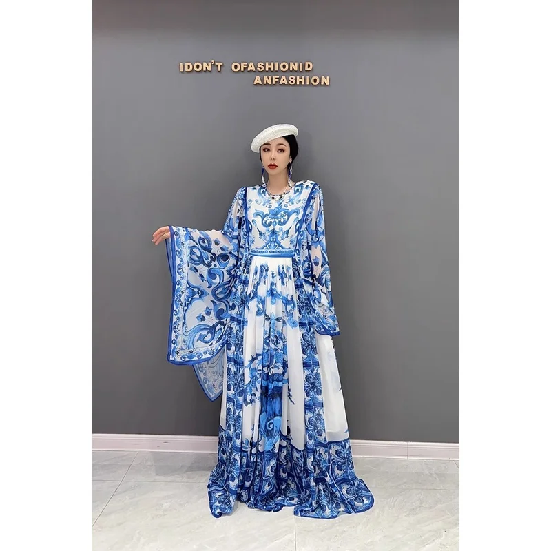 

Vintage Palace Style Temperament Round Neck Flare Long Sleeve Loose Celadon Print A-line Dress Beach Holiday Dress