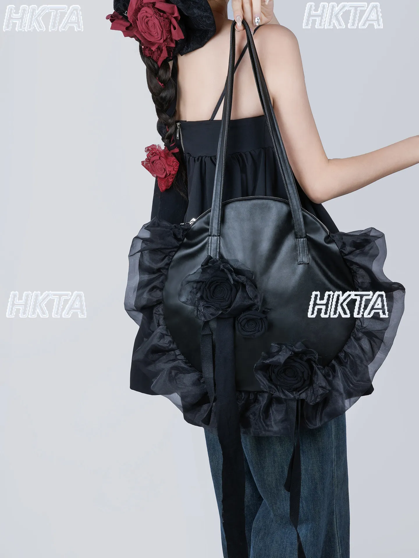 

Fashion Dark Subculture Sweet Cool Flower Mesh Tote Bag Ladies Light Luxury Elegant Folds Large Capacity Black Backpacks Women