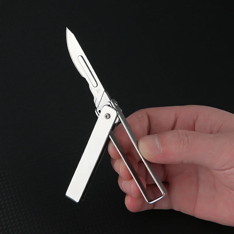 Stainless Steel Folding Scalpel Portable Mini Key Chain EDC Outdoor Box Opening Pocket Knife with 10 Replaceable 24 # Blades