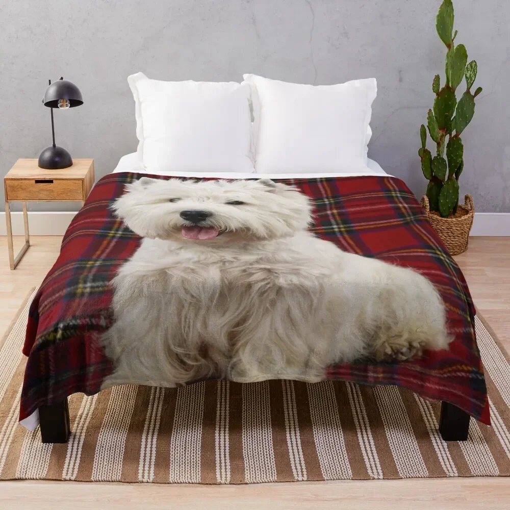 West Highland White Terrier on a Scotch Plaid Throw Blanket Luxury Brand Bed linens Dorm Room Essentials Blankets