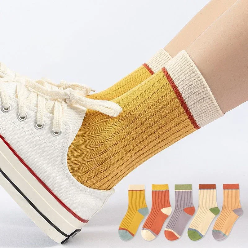 5Pairs Striped Women Socks Harajuku Retro Solid Color Mid-tube Socks Autumn Winter Breathable Sweat-absorbent Sock for Women