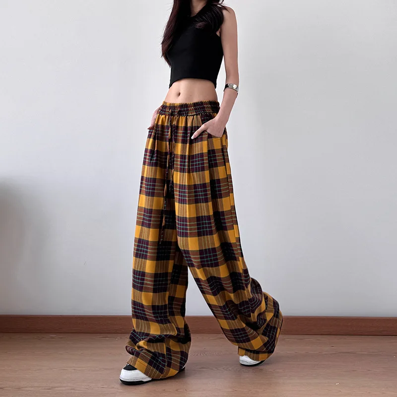 سراويل منقوشة كلاسيكية أمريكية للنساء ربيعية صفراء منقوشة فضفاضة مستقيمة غير رسمية سراويل أرضية واسعة الساق متعددة الاستخدامات