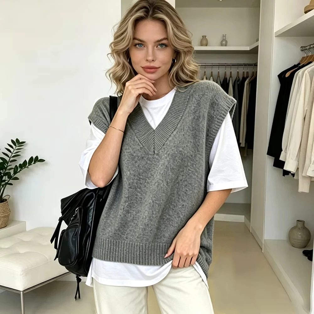 Korean Women's Solid Knitted Vest Autumn Casual V-Neck Khaki Color Sleeveless Sweater Elegant Woman Oversized Knitwear Waistcoat