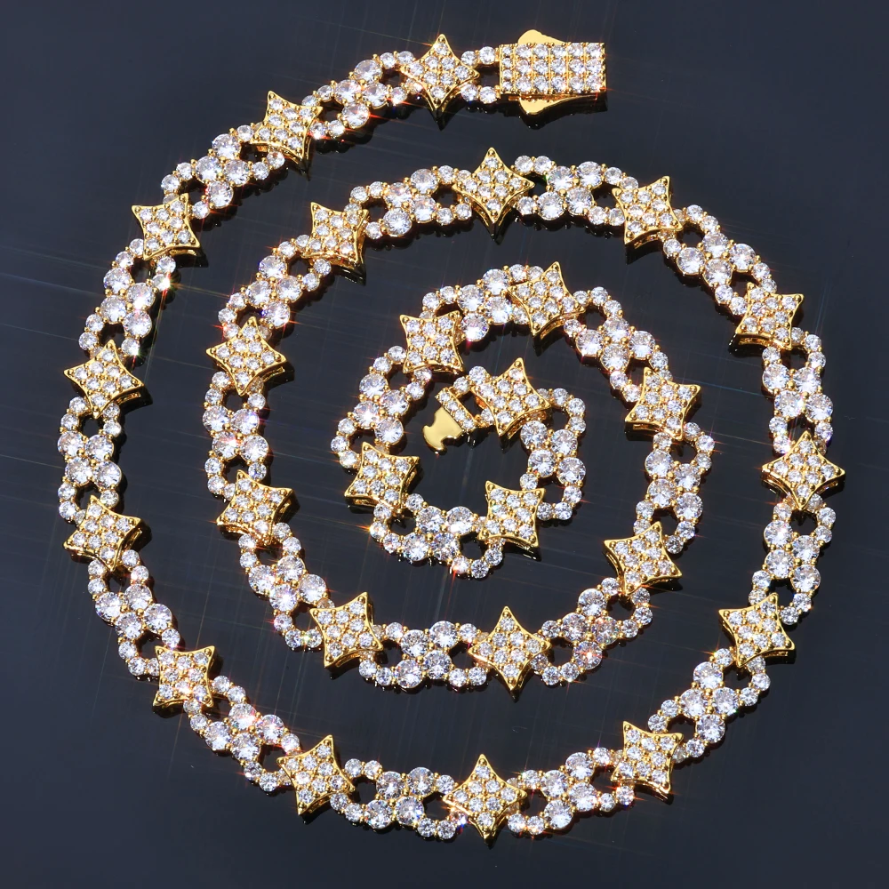 HHIOK Custom 12mm Iced Infinite Four Corner Star Chain 5A Cubic Zirconia Shiny Hip Hop Style Jewelry Necklace For Men and Women