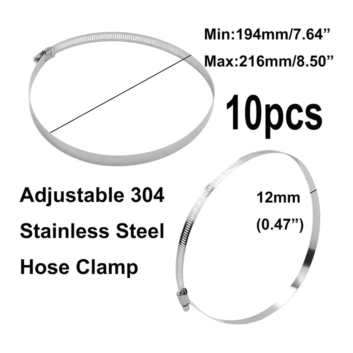 A78I 8 Inch Stainless Steel Hose Clamps, Worm Gear Duct Clamps Adjustable 194-216mm - Pack of 10