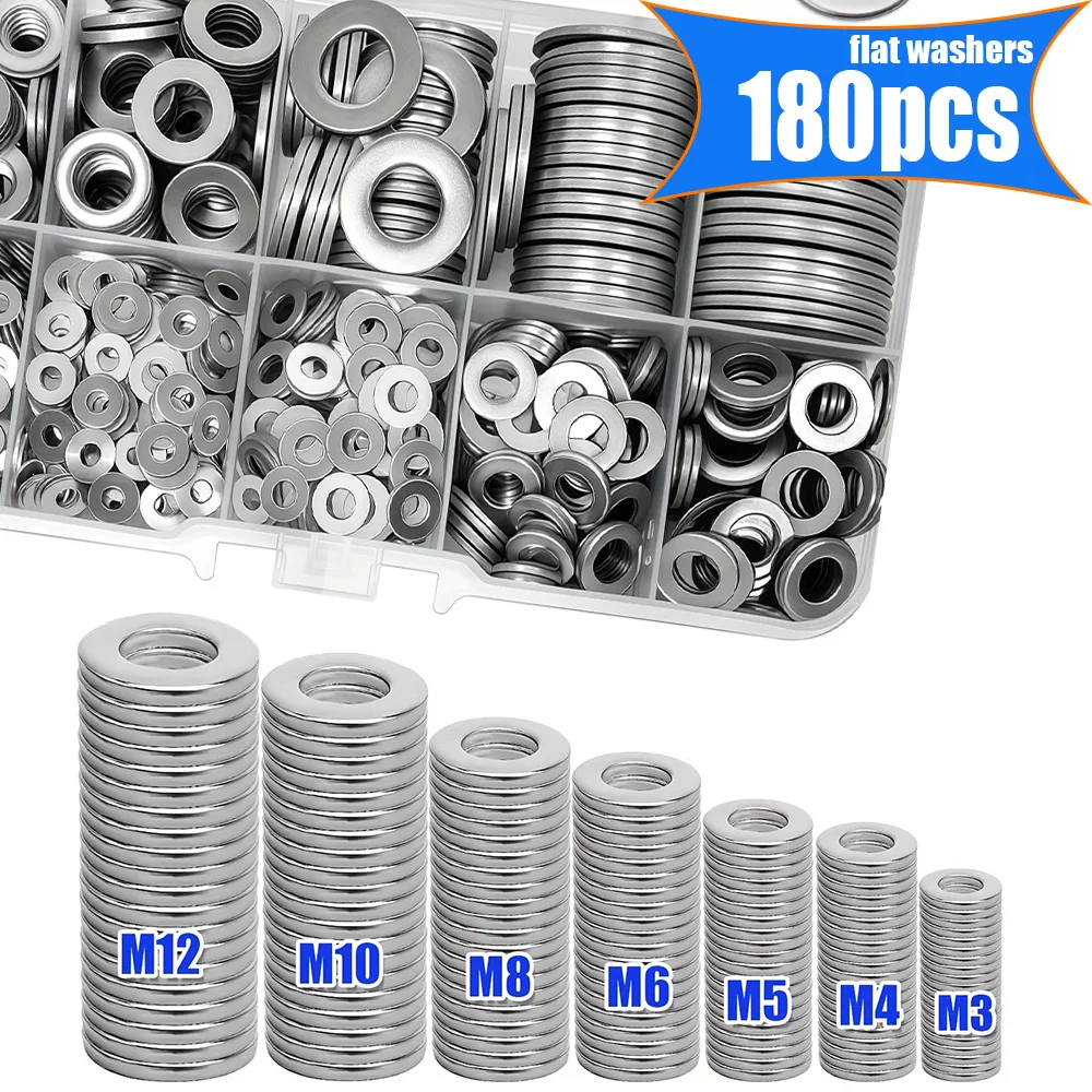 180-Piece Set of M3, M4, M5, M6, M8, M10, and M12 Stainless Steel Flat Washers for Home, Shop, and Outdoor Building Maintenance.