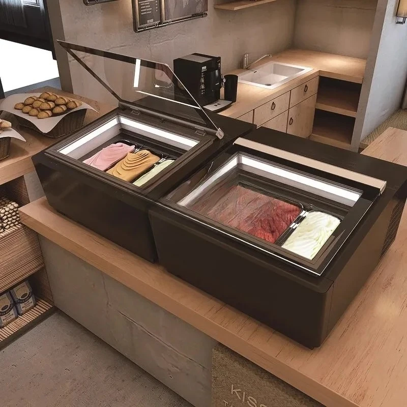 A  Small Ice Cream Freezer Display Cabinet for Scooping Hard Ice Cream, Desktop Stall Cabinet