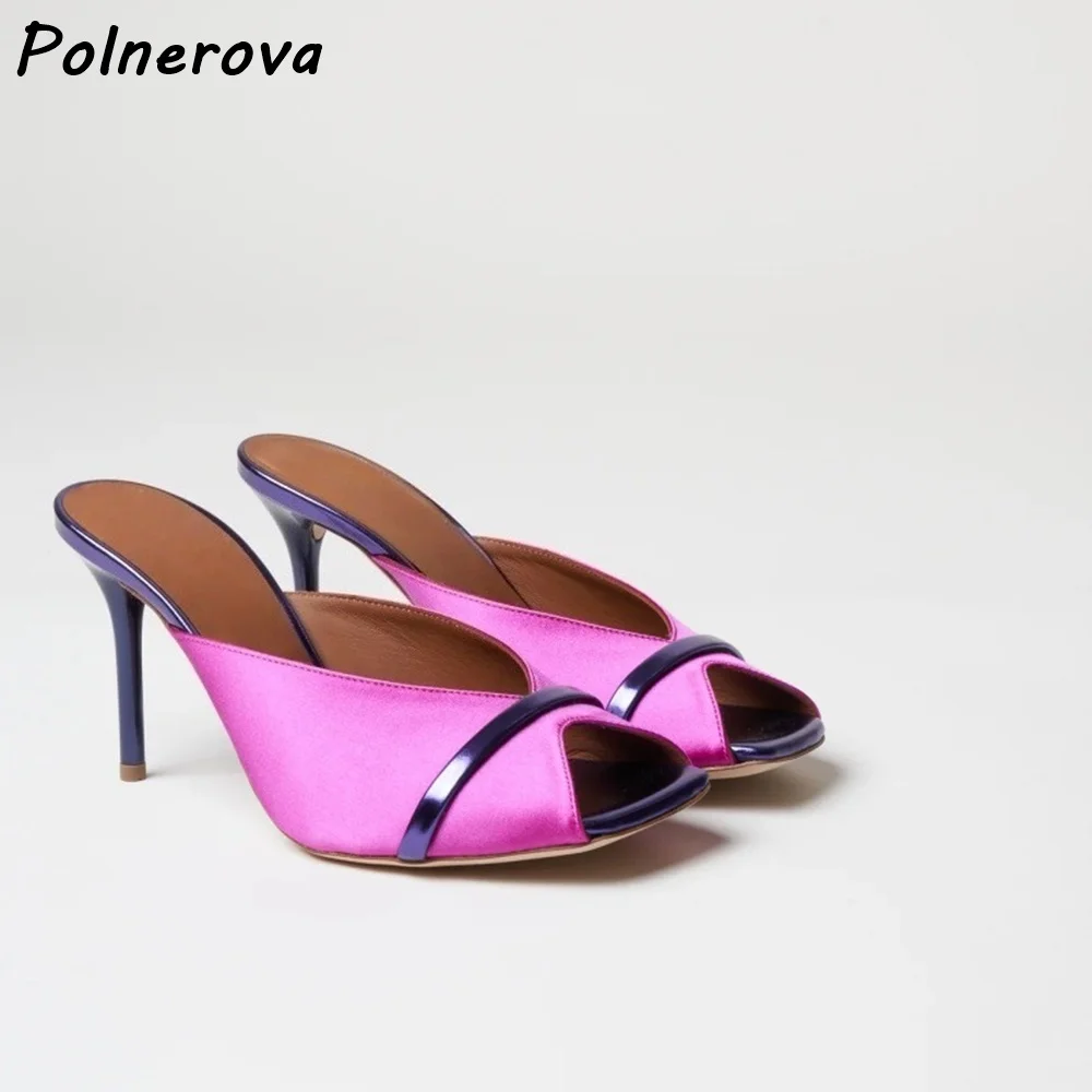 Color Block Satin Slippers Square Peep Toe Mule Thin Strap Slip On Backless Stiletto Shoes Elegant Evening Party Summer Shoes