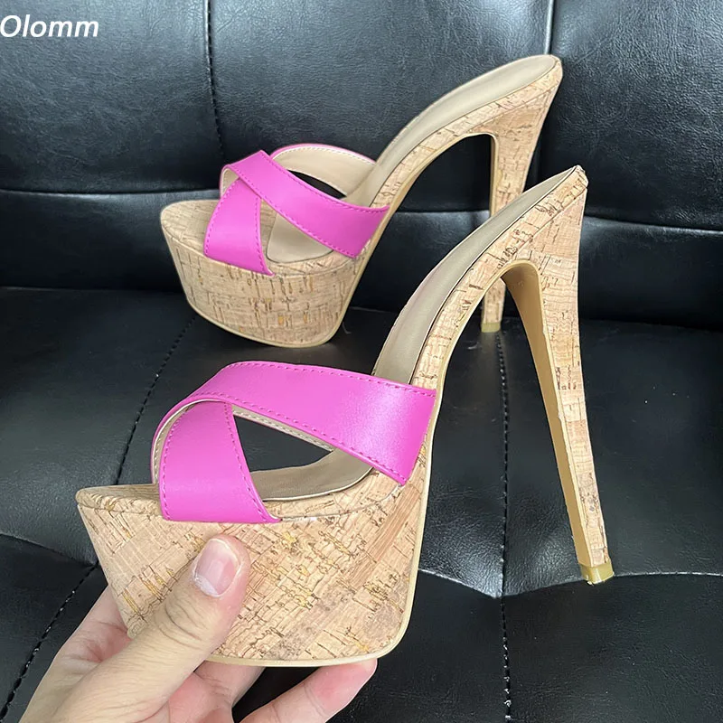 

Olomm Handmade Women Platform Sandals Sexy Stiletto Heels Round Toe Beautiful Fuchsia Red Party Shoes Ladies US Plus Size 5-20