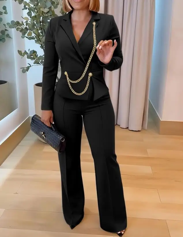 

Chain & Button Decor Notched Collar Overlap V-Neck Slit Spliced Overalls Casual High Waist Seam Front Zipper Back Jumpsuit